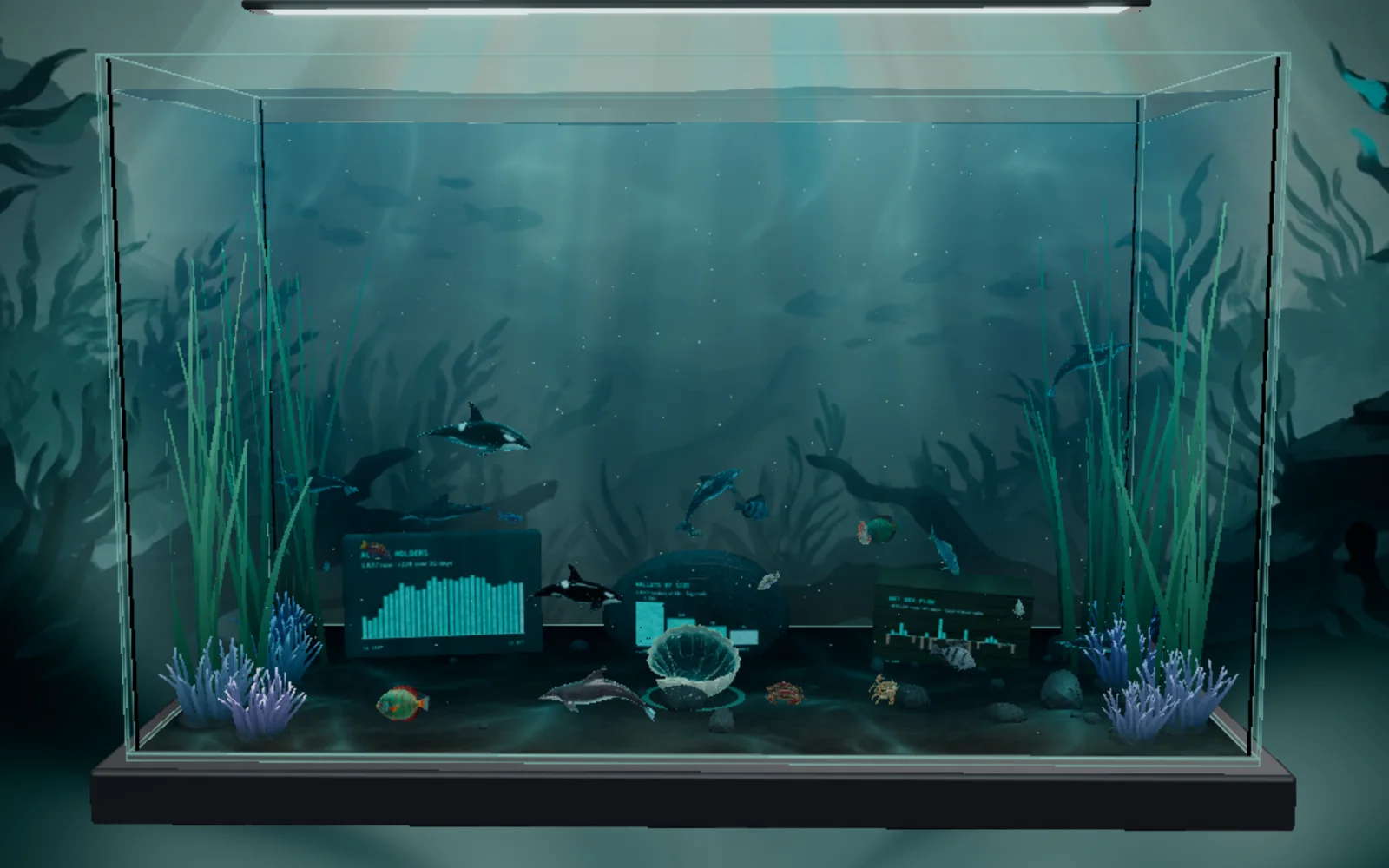 The Blocktronics aquarium for DEGEN: shoals of small fish, a few large ones, anemones on the floor and charts painted on the rocks, in dark teal water.